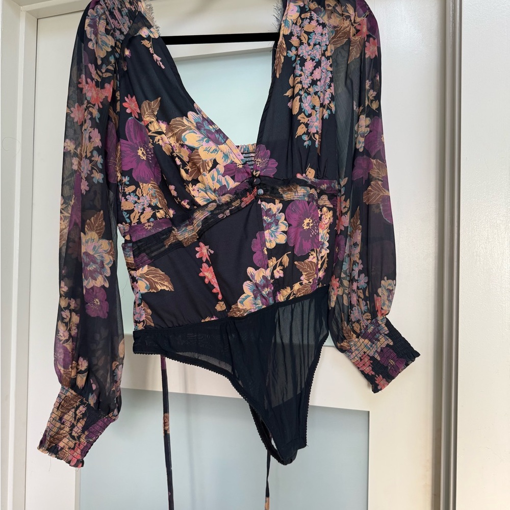 Anthropologie Black and Blue Asymmetrical Long Sleeve Bodysuit